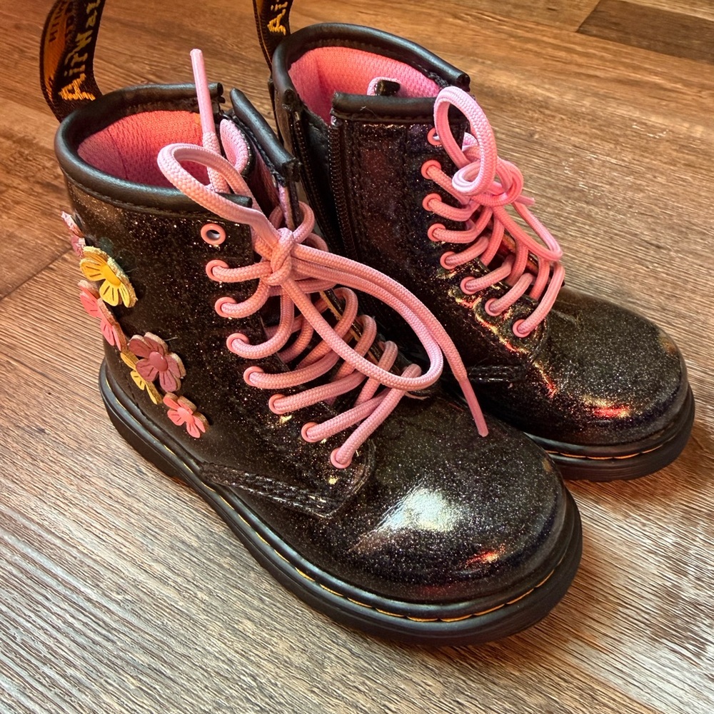 Dr. Martens Black Glitter Kids Boots with Pink Laces